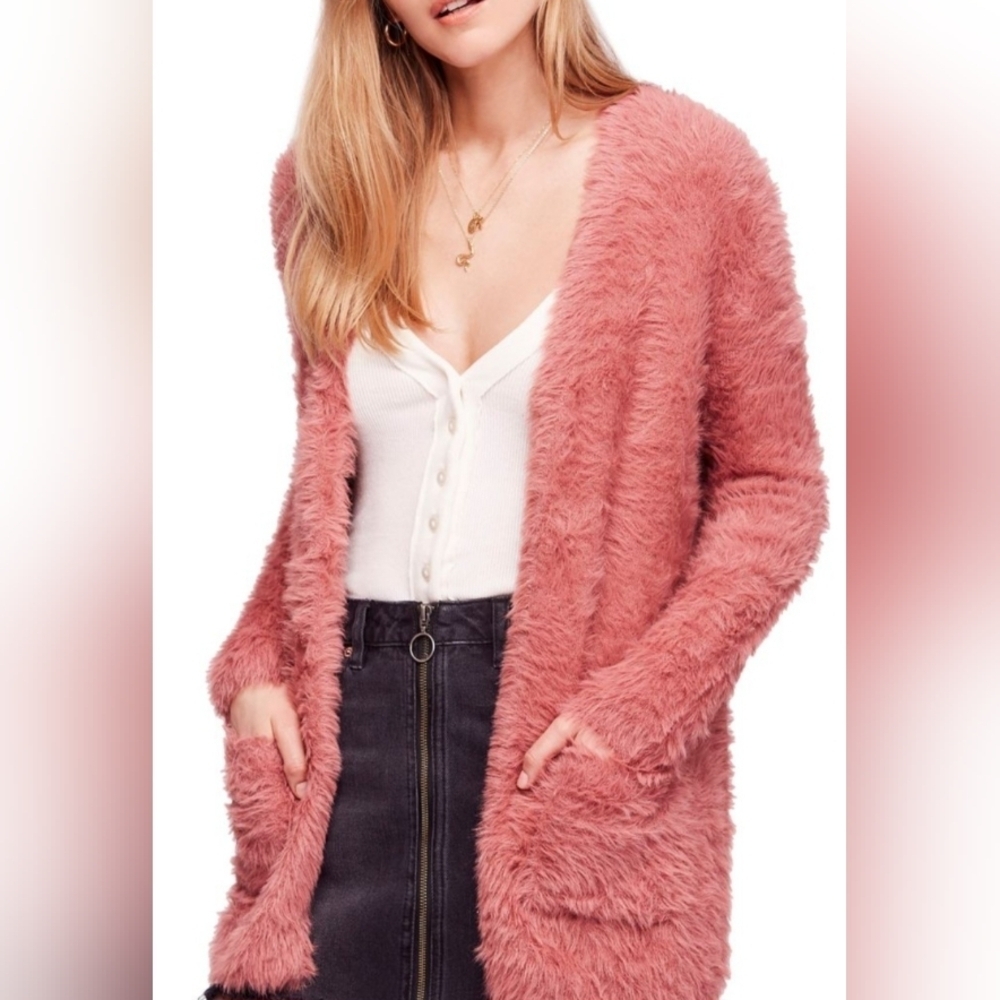 Free People Faux Fur Pink Duster Open Cardigan Sweater Teddy Plush size small
